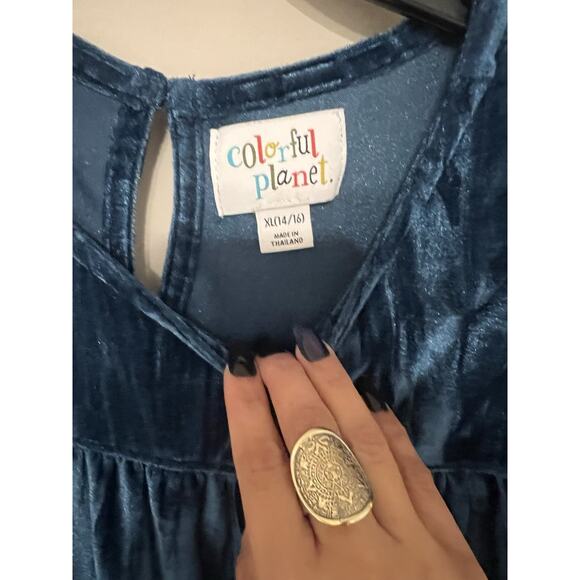 Color Planet Dress Girls XL14/16 Blue Velvet Long Sleeve Tiered Ruffle Holiday - Picture 3 of 6